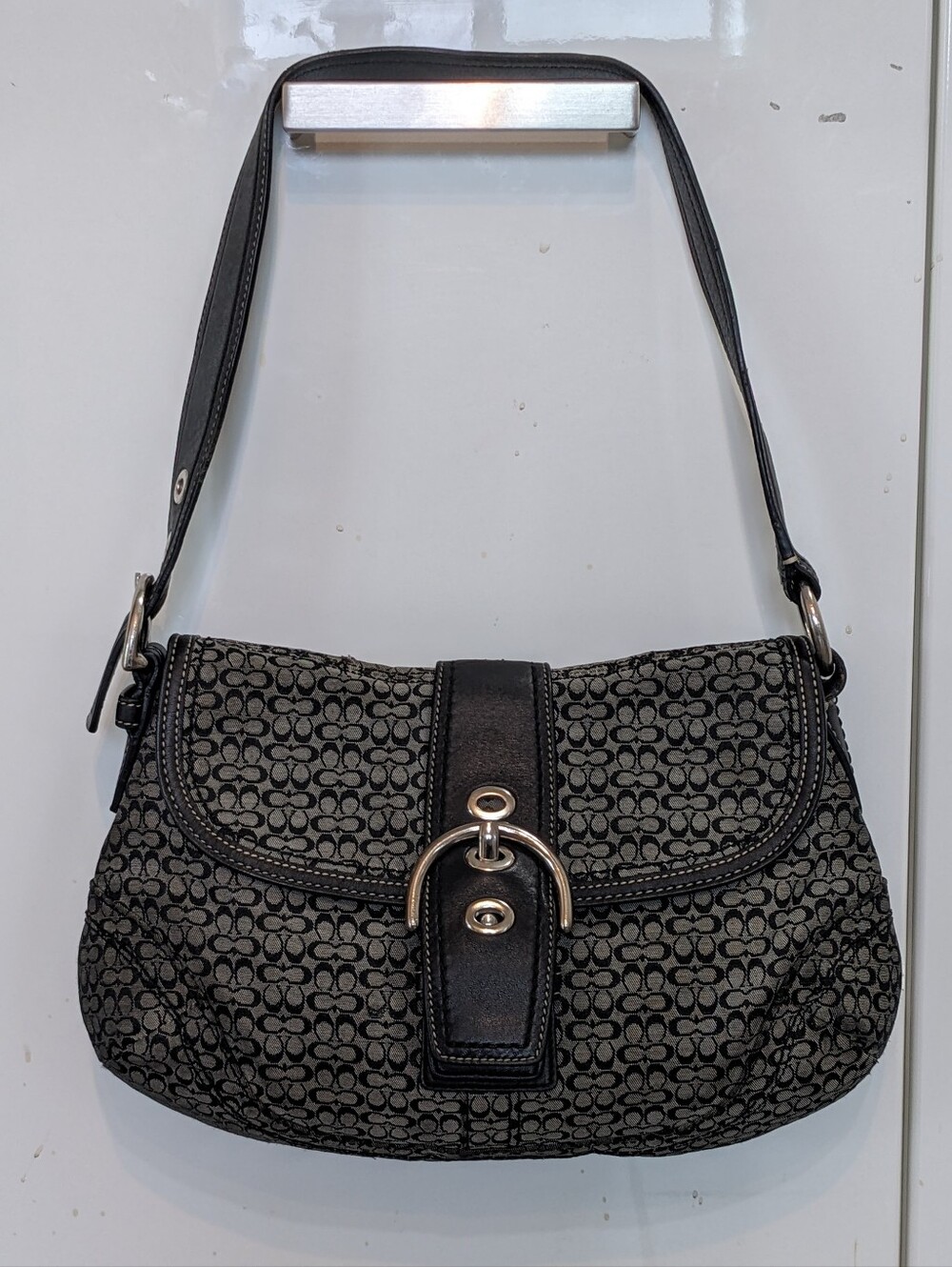 Coach Soho Signature Jacquard Canvas Print Leather Trim Shoulder Bag Black&Gray